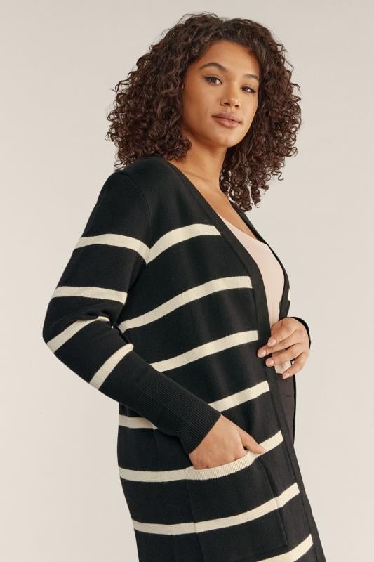 EVANS Plus Size Black & Ivory White Stripe Knitted Cardigan | Evans 4