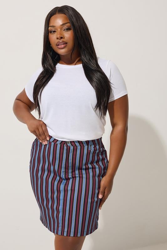 LIMITED COLLECTION Plus Size Navy Blue Stripe Denim Mini Skirt | Yours Clothing 1