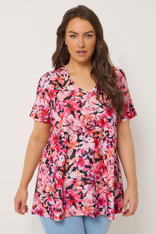  YOURS Curve Pink & Black Floral Broderie Anglaise Top
