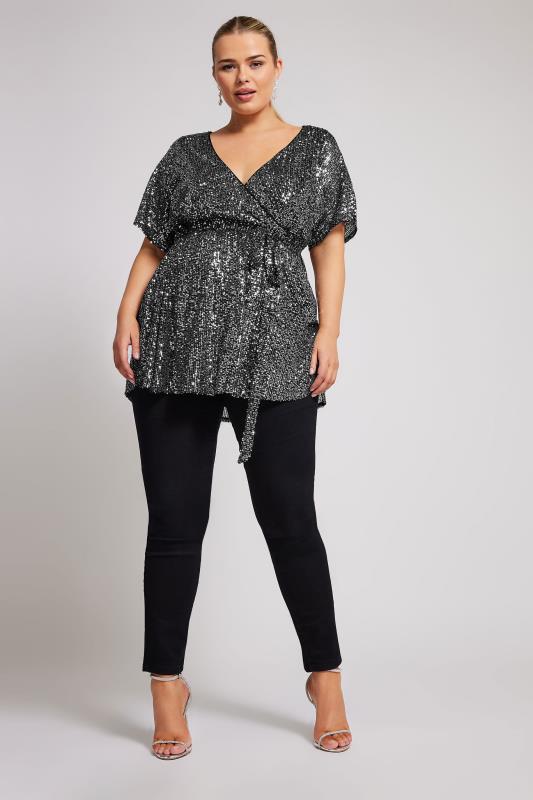 YOURS LONDON Plus Size Silver Sequin Wrap Top | Yours Clothing  3