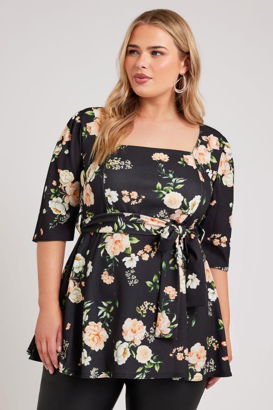 YOURS LONDON Plus Size Black Floral Print Square Neck Top | Yours Clothing 3