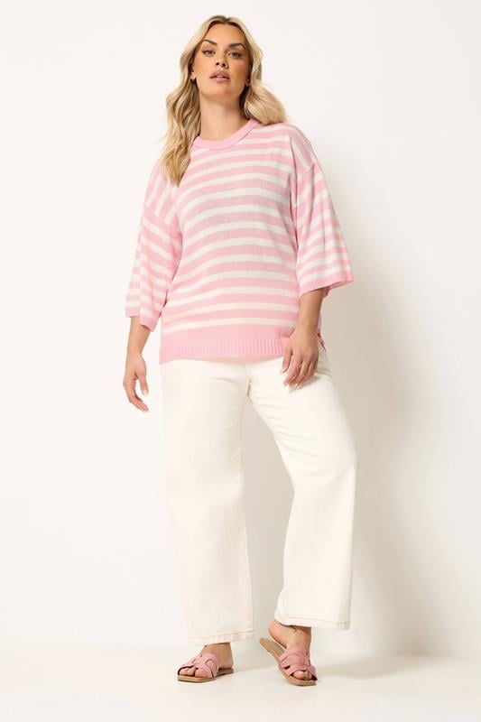 YOURS Plus Size Pink Striped Knitted Jumper | Yours Clothing 1