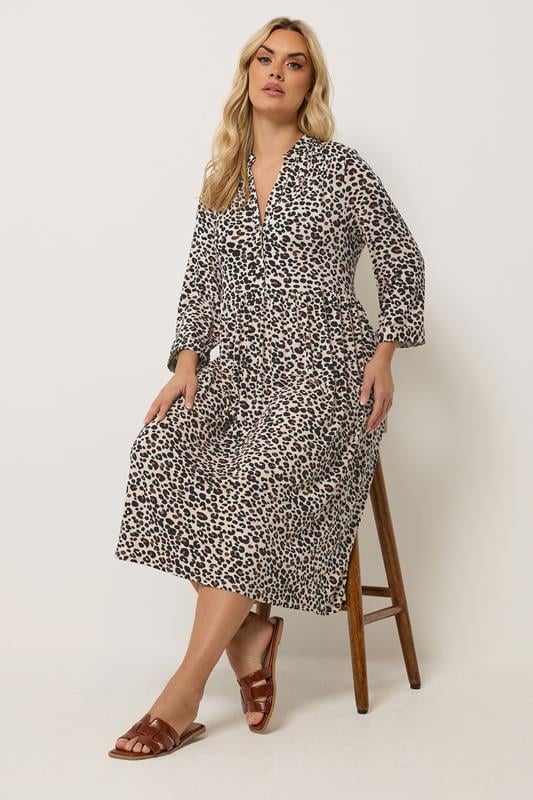  YOURS Curve Natural Brown Leopard Print Midi Dress