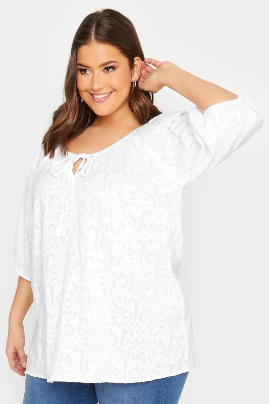 YOURS Plus Size White Textured Tie Neck Top | Yours Clothing 1