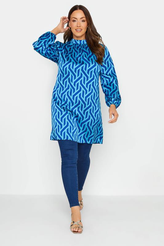 M&Co Blue Geometric Print Satin Tunic Blouse | M&Co  2