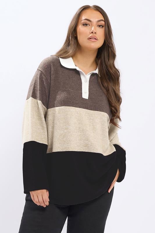 YOURS Curve Chocolate Brown Colourblock Rugby Collar Top
