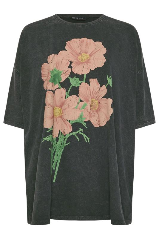 YOURS Plus Size Grey Floral Print Acid Wash Boxy T-Shirt | Yours Clothing 6