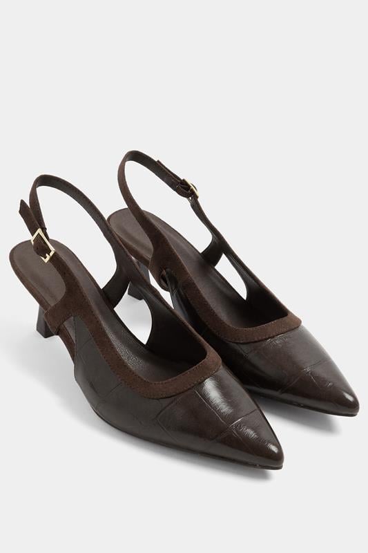 Chocolate Brown Croc Embossed Sling Back Heels In Wide E Fit | Yours Clothing 1