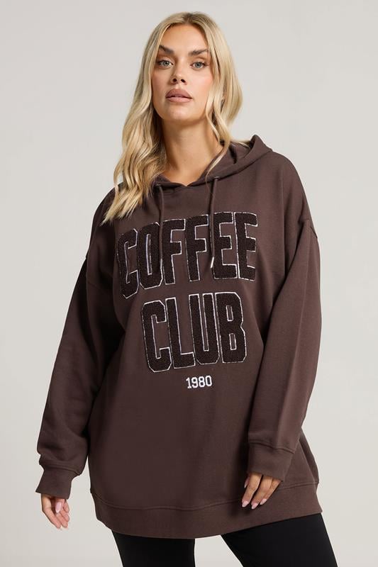 YOURS Plus Size Chocolate Brown 'Coffee Club' Slogan Hoodie | Yours Clothing 1
