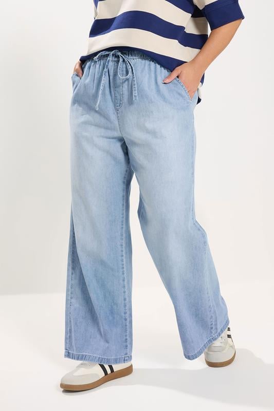 YOURS Plus Size Light Blue Drawstring Wide Leg Jeans | Yours Clothing 1