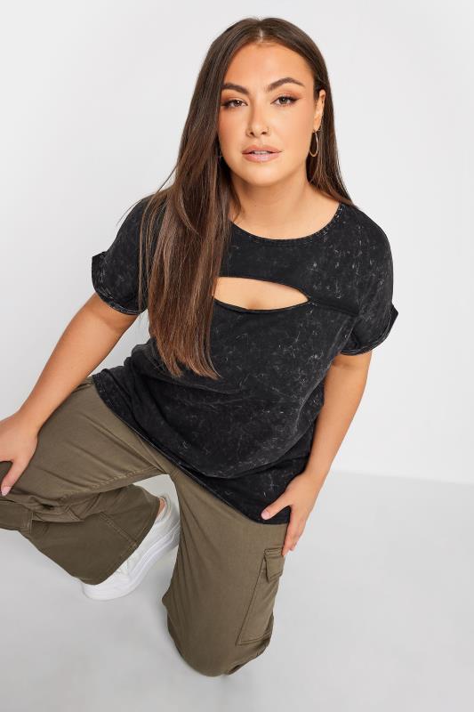 YOURS Plus Size Curve Black Acid Wash Cut Out T-Shirt | Yours Clothing  1