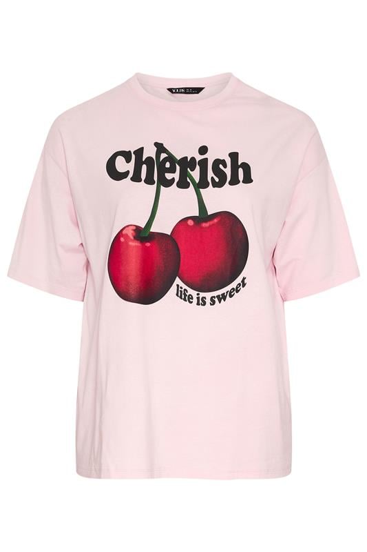 YOURS Plus Size Pink 'Cherish' Cherry Slogan T-Shirt | Yours Clothing 5