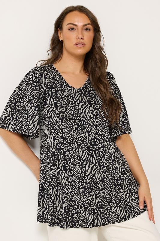 YOURS Curve Black Leopard Print Pleated Swing Top