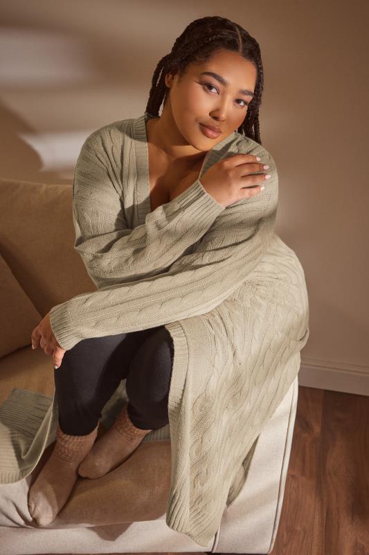 YOURS Plus Size Beige Brown Cable Knit Maxi Cardigan | Yours Clothing 2