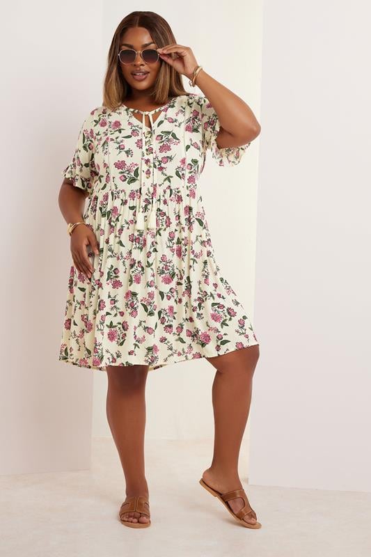 YOURS Plus Size Cream Floral Crochet Trim Tie Neck Mini Dress | Yours Clothing 2