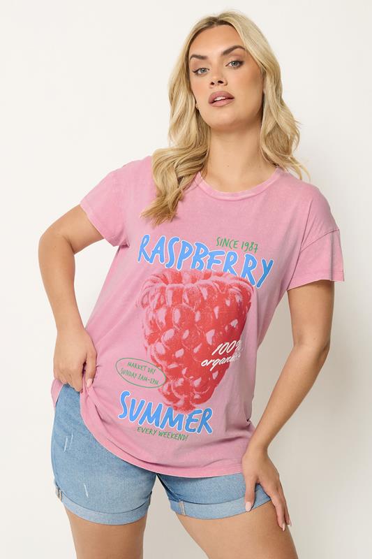 YOURS Plus Size Pink Acid Wash 'Raspberry Summer' T-Shirt | Yours Clothing 1
