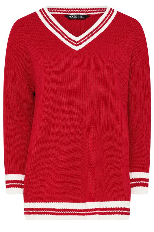 YOURS Plus Size Red Contrast V-Neck Knitted Jumper | Yours Clothing 5