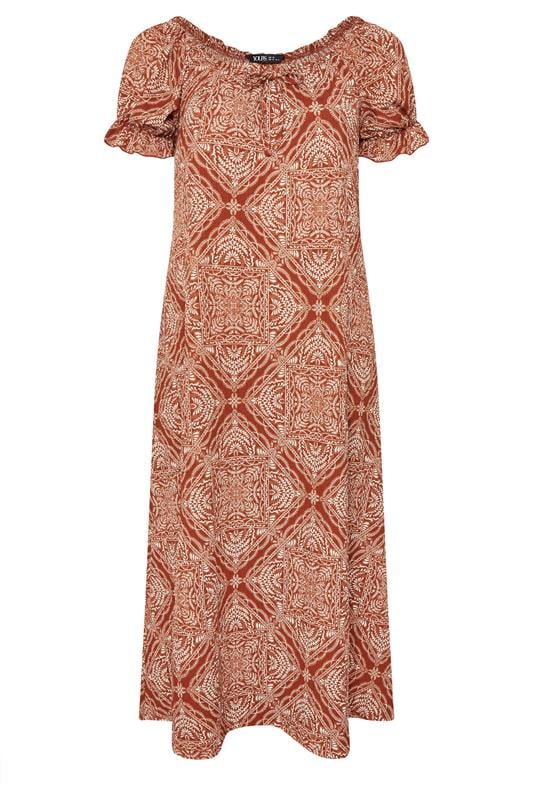 YOURS Plus Size Rust Brown Paisley Textured Milkmaid Dress | Yours Clothing 5