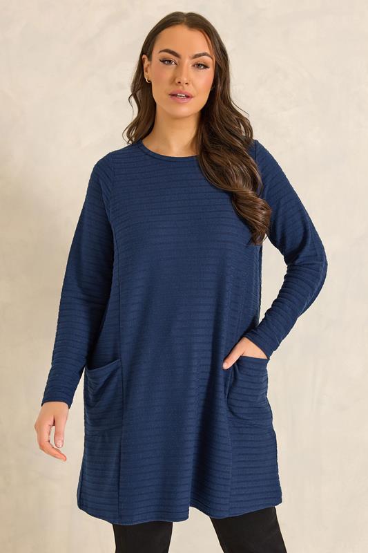 Plus Size  EVANS Curve Navy Blue Ribbed Front Pocket Tunic Jumper