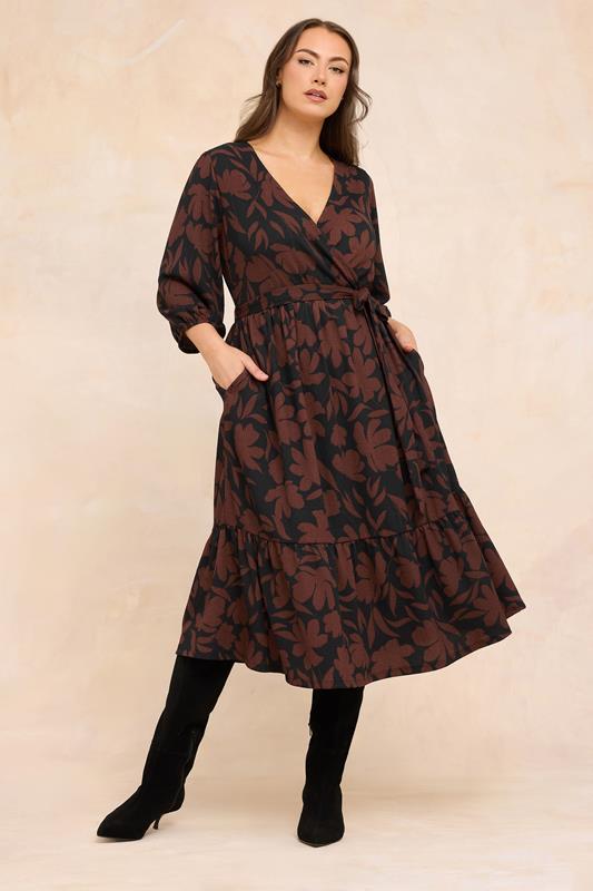 Plus Size  EVANS Curve Black & Brown Floral Wrap Midi Dress
