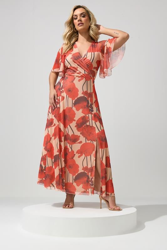  YOURS LONDON Curve Natural Brown Floral Abstract Mesh Dress