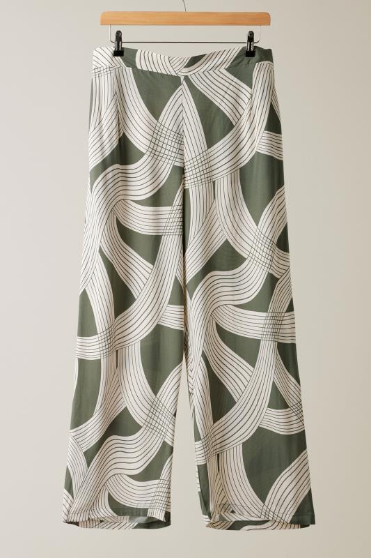 EVANS Plus Size Olive Green Linear Print Wide Leg Trousers | Evans 5