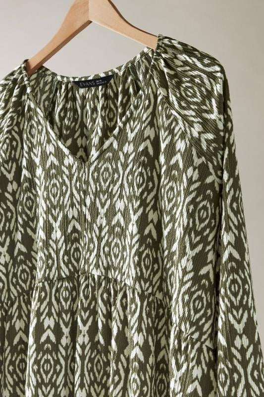 EVANS Plus Size Olive Green Ikat Print Crinkle Midi Dress | Evans 7