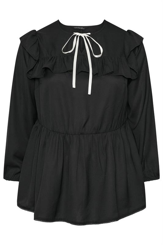 LIMITED COLLECTION Plus Size Black Tie Neck Frill Blouse | Yours Clothing 5