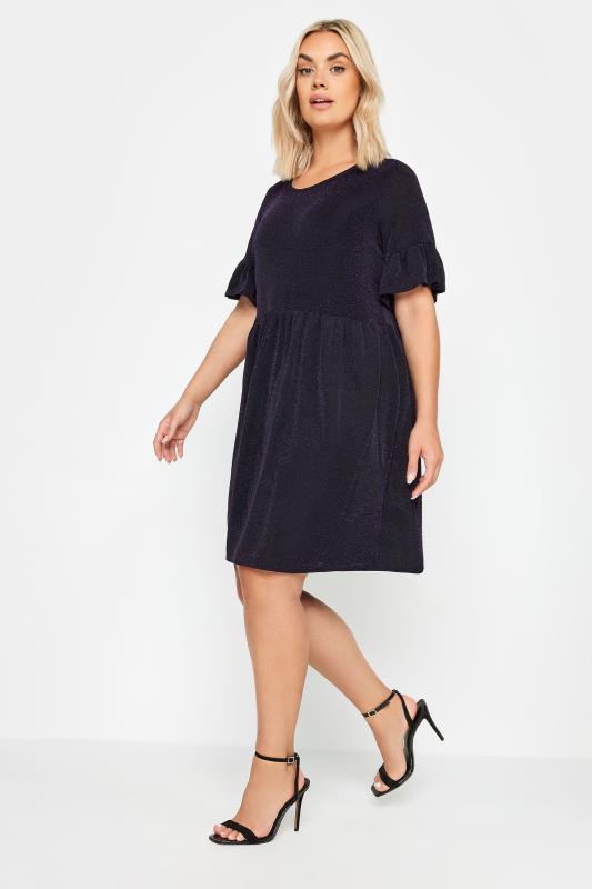 YOURS Curve Plus Size Black & Purple Glitter Frill Sleeve Tunic Dress | Yours Clothing  3