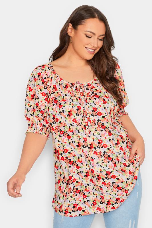 YOURS Curve Plus Size White & Red Floral Tie Neck Top | Yours Clothing  1
