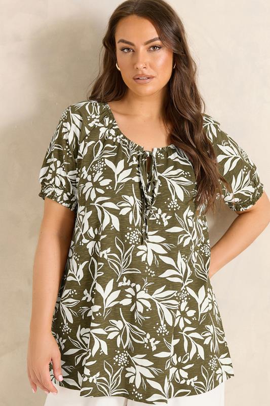  EVANS Curve Green Khaki Leaf Print Cotton Top