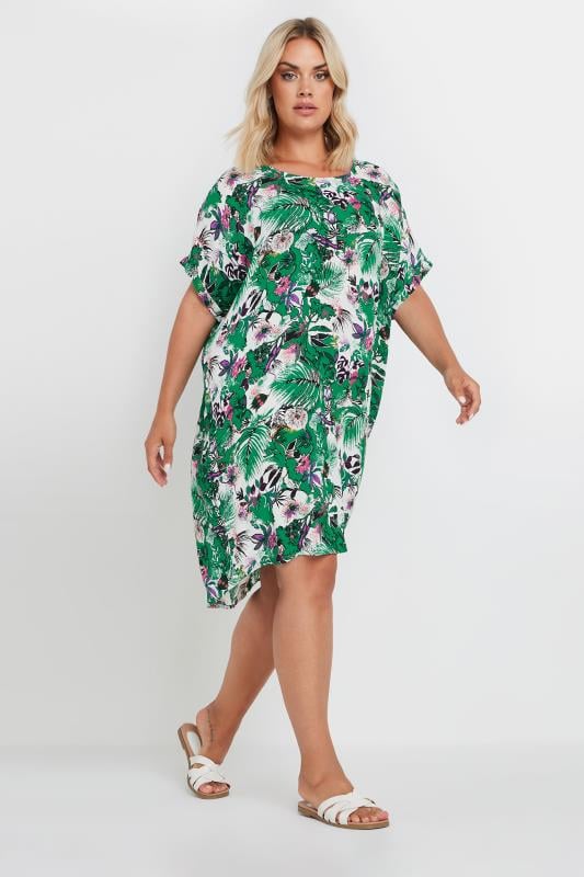 Plus Size  YOURS Curve Green Tropical Print Tunic Dress