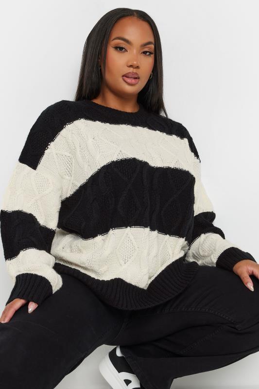 YOURS Plus Size Black & Cream Stripe Cable Twist Jumper | Yours Clothing 1