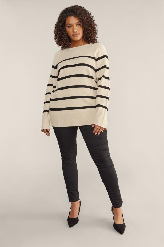 EVANS Plus Size Ivory White & Black Striped Knitted Jumper | Evans 2