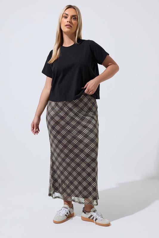 LIMITED COLLECTION Plus Size Brown Checked Mesh Skirt | Yours Clothing 1
