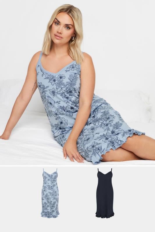 YOURS Plus Size 2 PACK Blue Floral Print Chemise Nightdresses | Yours Clothing 1