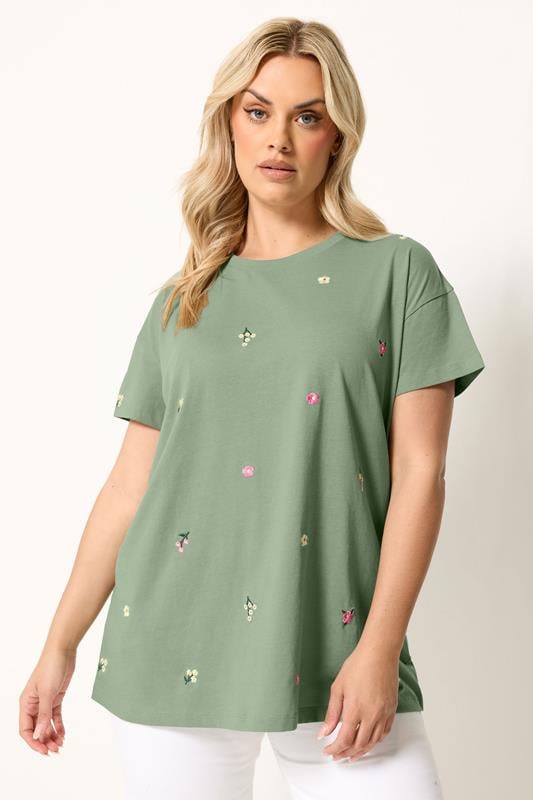 YOURS Plus Size Green Embroidered Flower T-Shirt | Yours Clothing 1