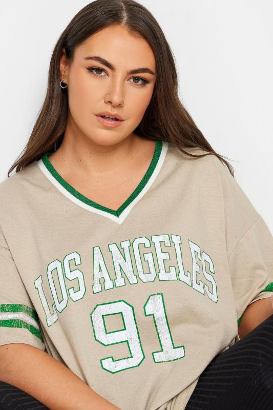 YOURS Plus Size Beige Brown 'Los Angeles' Slogan Varsity T-Shirt | Yours Clothing 4