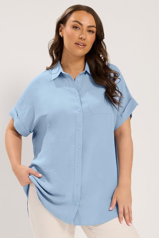YOURS Plus Size Light Blue Grown On Sleeve Shirt | Yours Clothing 1