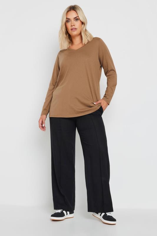 YOURS Plus Size Brown Core Long Sleeve T-Shirt | Yours Clothing  2