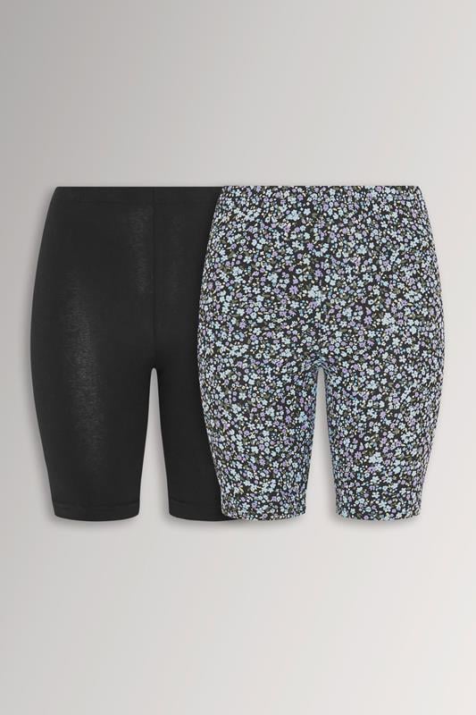 YOURSET 2 PACK Plus Size Black Ditsy Floral Cycling Shorts | Yours Clothing 1