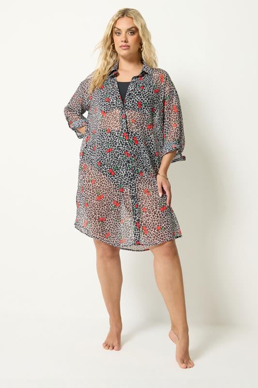 YOURS Curve Black Leopard Cherry Cover Up