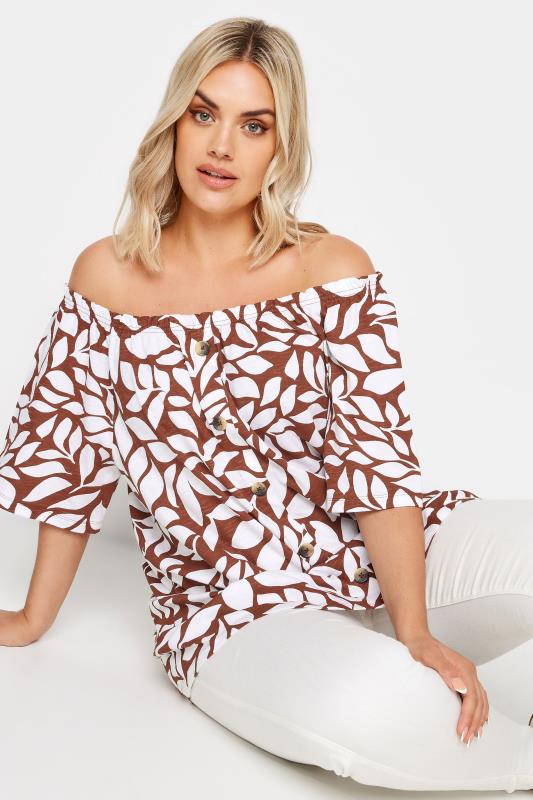 Plus Size  YOURS Curve Brown Leaf Print Bardot Top