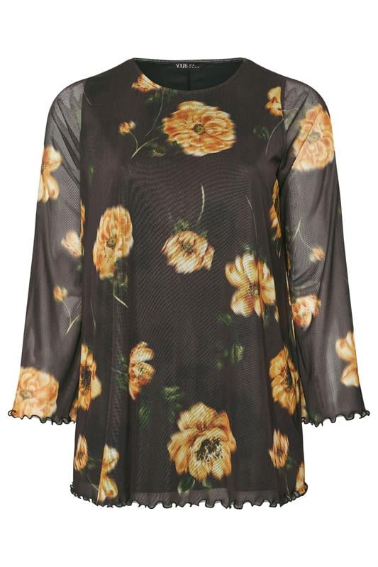 YOURS Plus Size Brown Floral Mesh Swing Top | Yours Clothing 5