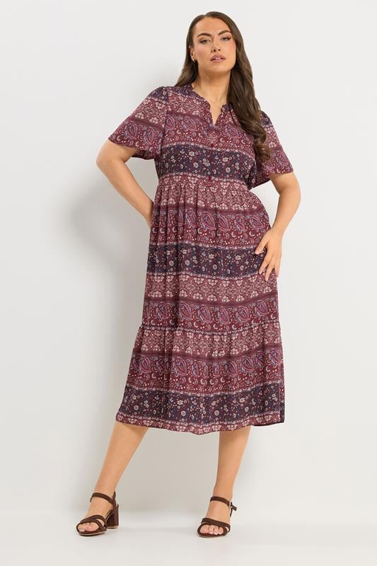  YOURS Curve Burgundy Red Paisley Half Placket Dress