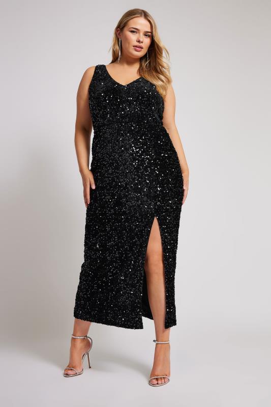 YOURS LONDON Plus Size Black Sequin Velvet Maxi Dress | Yours Clothing 3