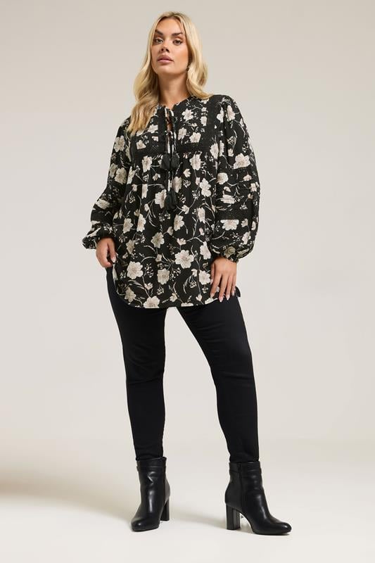YOURS Plus Size Black Floral Crochet Trim Blouse | Yours Clothing 2