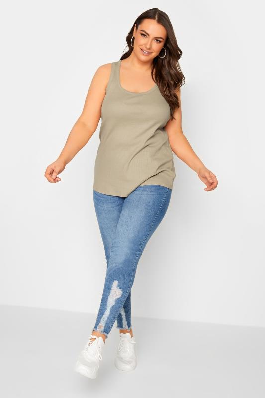 YOURS Plus Size Beige Brown Ribbed Racer Back Vest Top | Yours Clothing  3