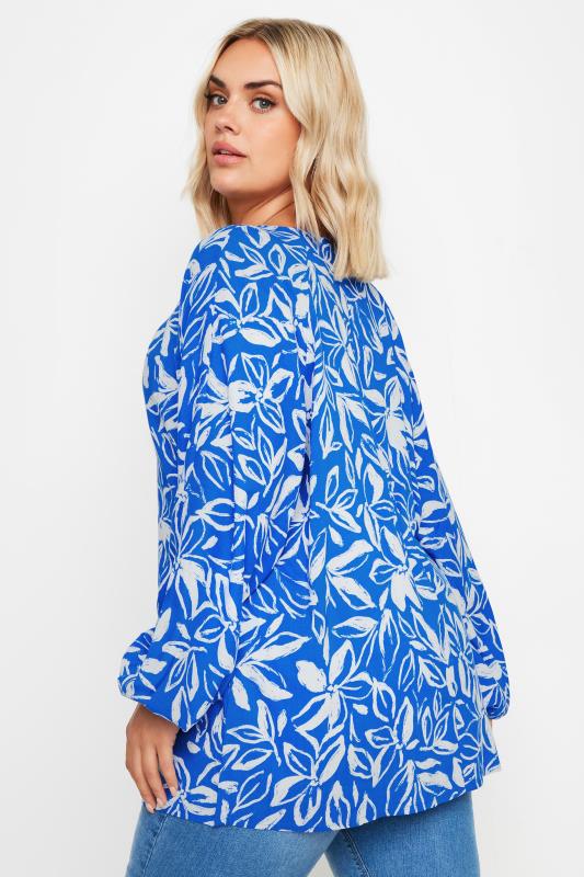 YOURS Plus Size Blue Floral Print Balloon Sleeve Blouse | Yours Clothing  3
