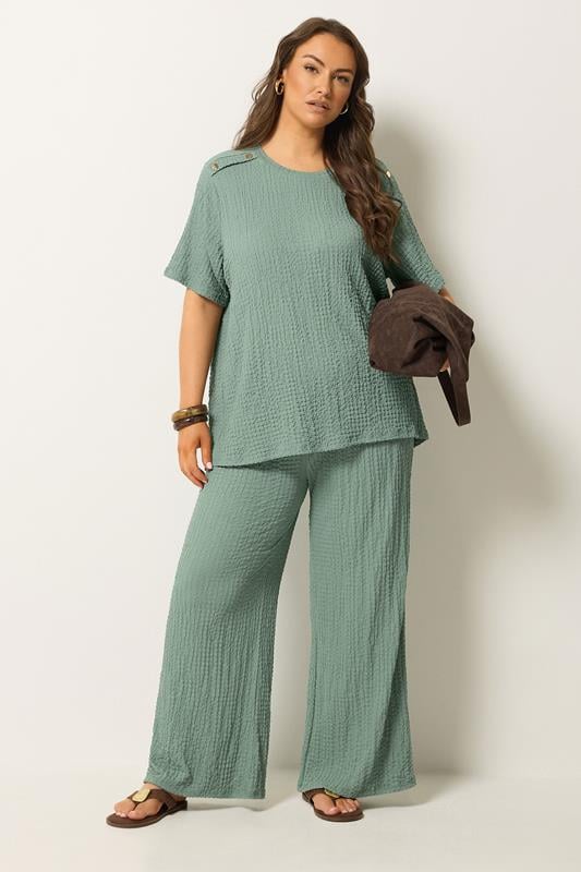 YOURS Plus Size Sage Green Button Detail Bubble Texture Top | Yours Clothing 1